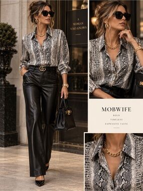 The Work Connection Silk Animal/Reptile Print Button Down Gray & Black